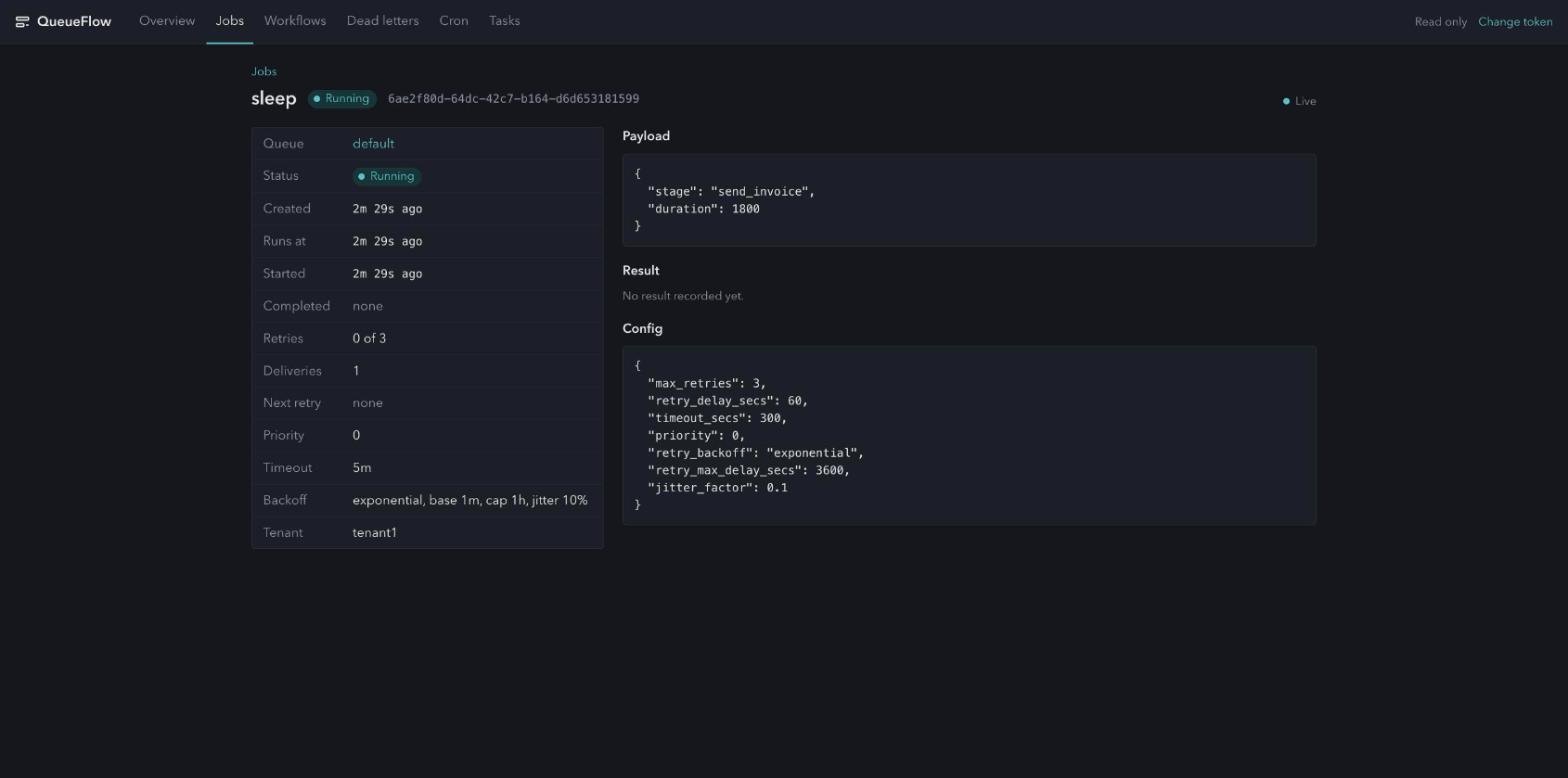 A running job's detail page: payload, config, timeline, and a live indicator